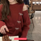 Long Sleeve Off Shoulder Bow Pins Sweater