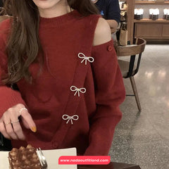 Long Sleeve Off Shoulder Bow Pins Sweater
