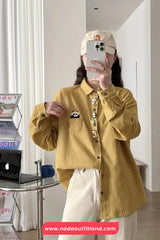 Long Sleeve Cute Panda Embroidered Button Blouse Shirt