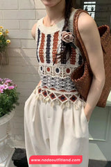Sleeveless Knitted Hollow Out Striped Crochet Crop Tops