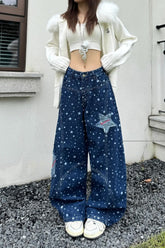 Loose Retro Stars Pattern Patchwork Washed Blue Jeans Pants