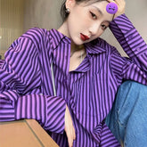 Long Sleeve Retro Purple Striped Casual Blouse Shirt