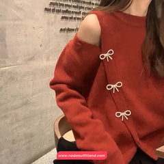 Long Sleeve Off Shoulder Bow Pins Sweater