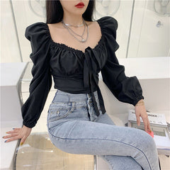 Long Sleeve Sexy Square Collar Bow Crop Tops
