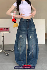 High Waist Loose Wide Leg Ripped Women Jeans Pants