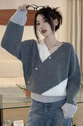 Loose V-Neck Irregular Button Sweater