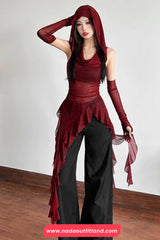 See Through Irregular Hooded Ruffles Slim Shirt