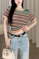 Short Sleeve O-Neck Striped Knitted Slim Shirt