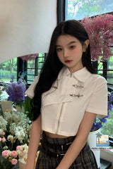 Sexy Turn Down Collar Retro Cropped Zipper Blouse Shirt