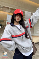 Long Sleeve Grey Striped Pattern Lapel Collar Retro Sweatshirt