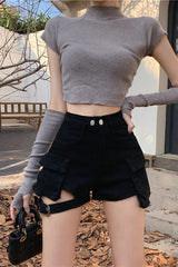 High Waist Cargo Pockets Denim Shorts