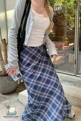 High Waist Grid Plaid Pattern Slit Skirts