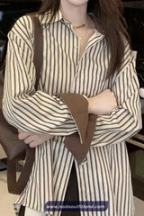 Long Sleeve Coffee Colors Striped Elegant Blouse Shirt