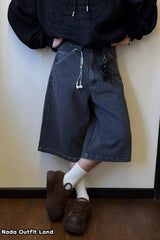 Vintage Knee Length Washed Black Denim Shorts