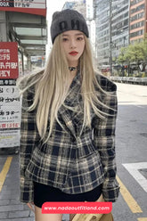 Long Sleeve Retro Plaid Pattern Woolen Blazers Jacket