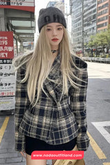 Long Sleeve Retro Plaid Pattern Woolen Blazers Jacket