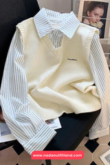 Long Sleeve Knitted Fake Two Striped Blouse Shirts