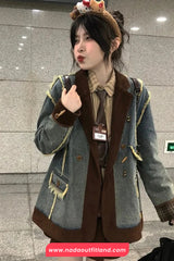 Long Sleeve Retro Corduroy Patchwork Denim Coat Jacket