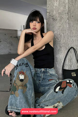 High Waist Cute Puppies Printed Long Jeans Pants
