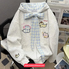 Long Sleeve Cute Plaid Bow Hooded Sweatshirt