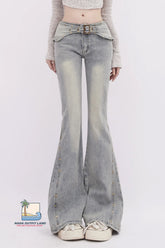 High Waist Rivet Slim Flare Grey Denim Pants