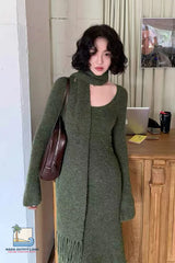 Long Sleeve Vintage Kniited Slim Fit Dress With Scarf