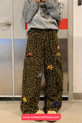 Loose Cute Embroidered Hip Hop Leopard Pattern Cargo Pants