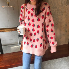 Loose Strawberries Pattern Sweet Sweater