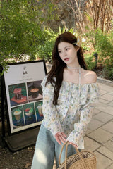 Long Sleeve Sexy Slash Neck Elegant Floral Blouse Shirt