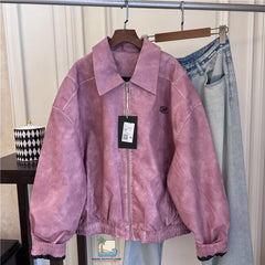 Loose Lapel Collar Pink Matte Zipper Jacket