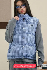 Blue Plaid Pattern Removable Sleeve Parkas Puffy Jacket
