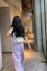 Cute Purple Casual Loose Plaid Pants