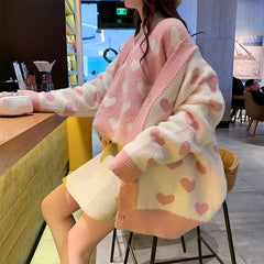 Loose Heart Pattern Cardigan Sweater