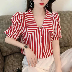 Striped Puff Sleeve Turn Down Collar Blouse Shirt