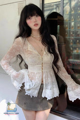 Sexy V-Neck Flare Sleeve Semi Transparent Blouse Shirt