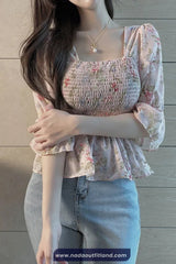 Lantern Sleeve Floral Printed Slim Blouse Shirt