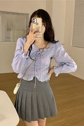 Long Sleeve Lace Tie Cute Blouse Shirts