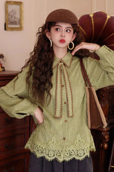 Long Sleeve Vintage Tie Patchwork Lace Blouse Shirt