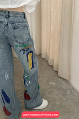 Loose Ripped Style Graffiti Colors Jeans Pants