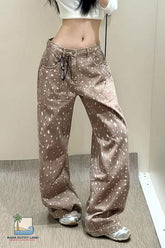 Retro Dots Pattern Khaki Jeans Pants