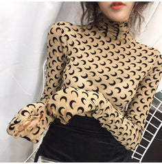 Long Sleeve Moon Pattern Turtleneck Slim Cropped Shirt
