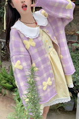 Long Sleeve Bow Plaid Knitted Cardigan Sweater
