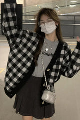 Long Sleeve Grid Plaid Cardigan Sweater