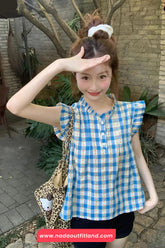 Cute Sleeveless O-Neck Plaid Blouse Shirt