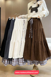 High Waist Retro Plaid Patchwork Corduroy Fake Two Long Skirts