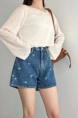 Casual Bowknot Embroidered Denim Shorts