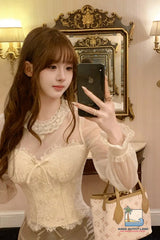 Long Sleeve Vintage Elegant Mesh Transparent Lace Cropped Blouse Shirt