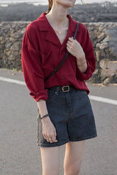 Long Sleeve Simple Notched Blouse Shirts