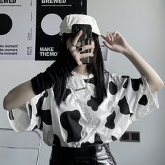 Loose Short Sleeve Cow Pattern Shirt
