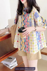 Short Sleeve Retro Cartoon Dog Pattern Blouse Shirt